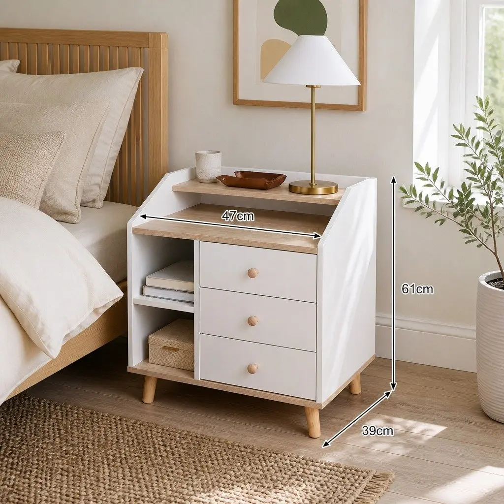 Nordic-Style White Wood 3-Tier Bedside Table
