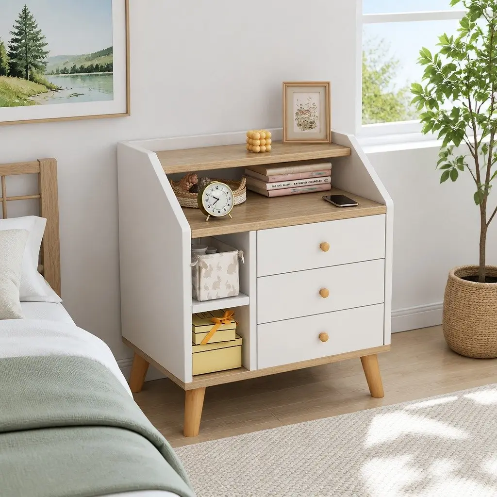 Nordic-Style White Wood 3-Tier Bedside Table
