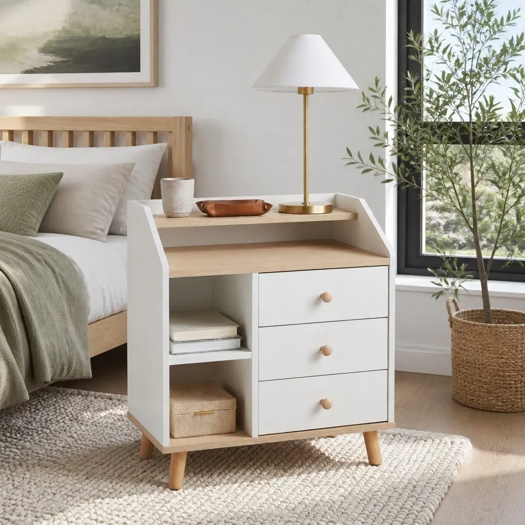 Nordic-Style White Wood 3-Tier Bedside Table