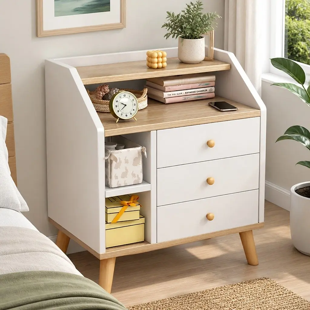 Nordic-Style White Wood 3-Tier Bedside Table