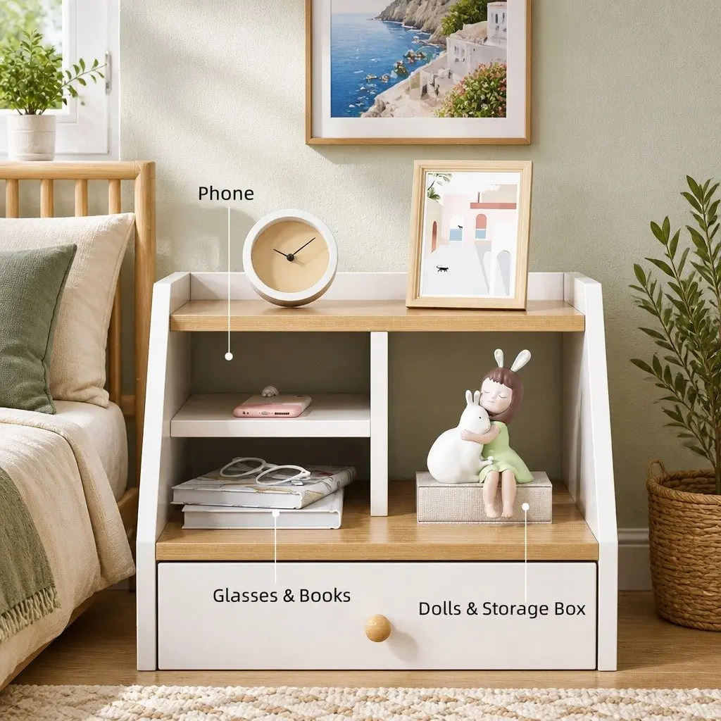 Nordic-Style White Wood 3-Tier Bedside Table