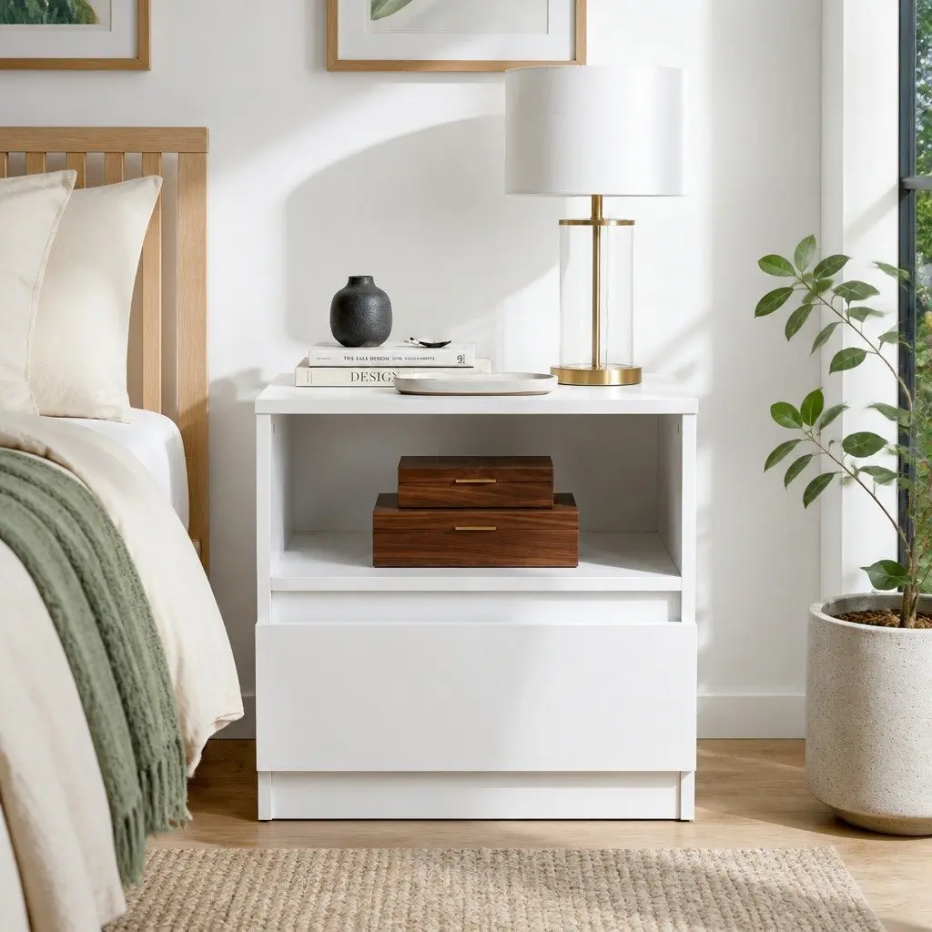 Warm White Compact Bedside Table with Drawer
