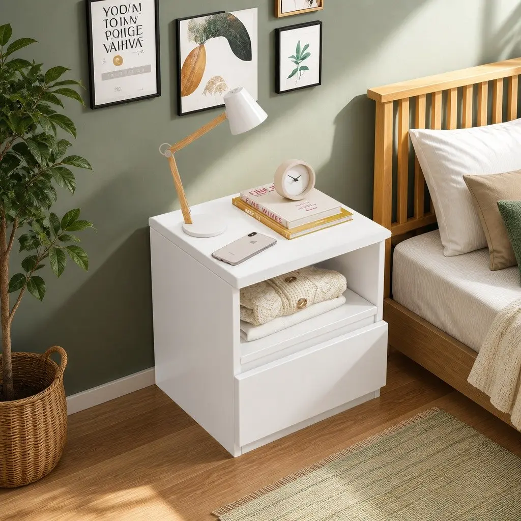 Warm White Compact Bedside Table with Drawer