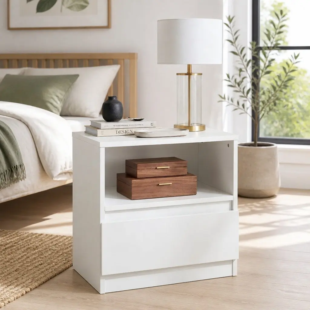 Warm White Compact Bedside Table with Drawer