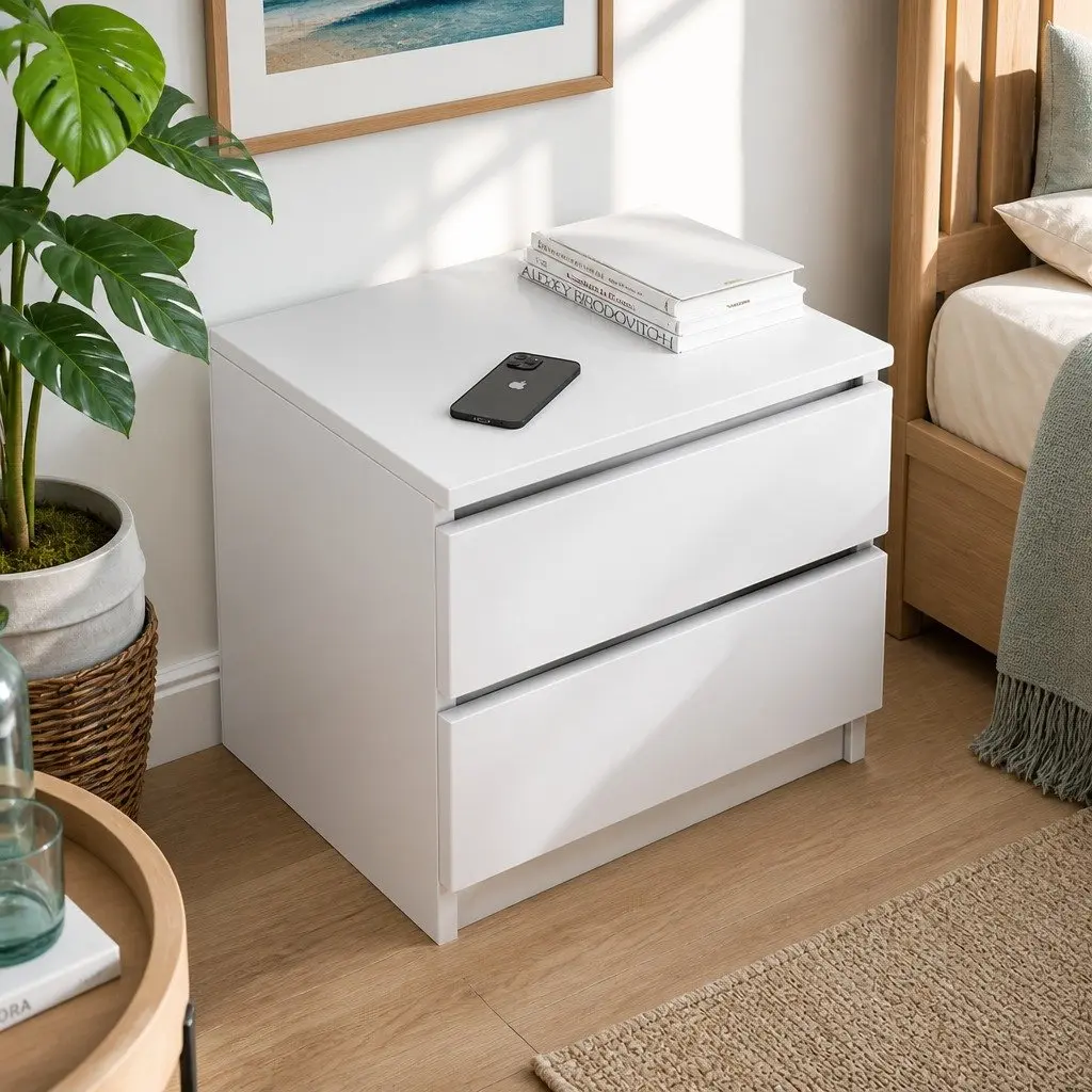 Warm White Double Drawer Bedside Table