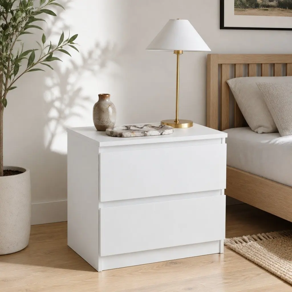 Warm White Double Drawer Bedside Table