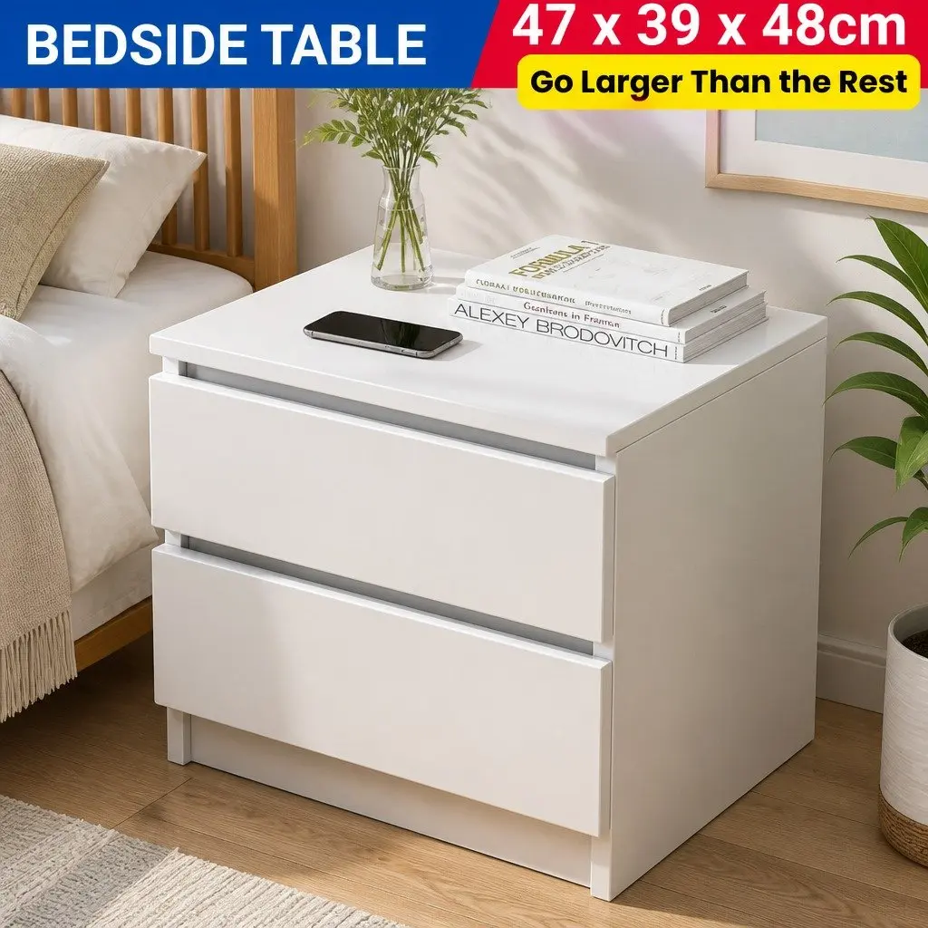Warm White Double Drawer Bedside Table