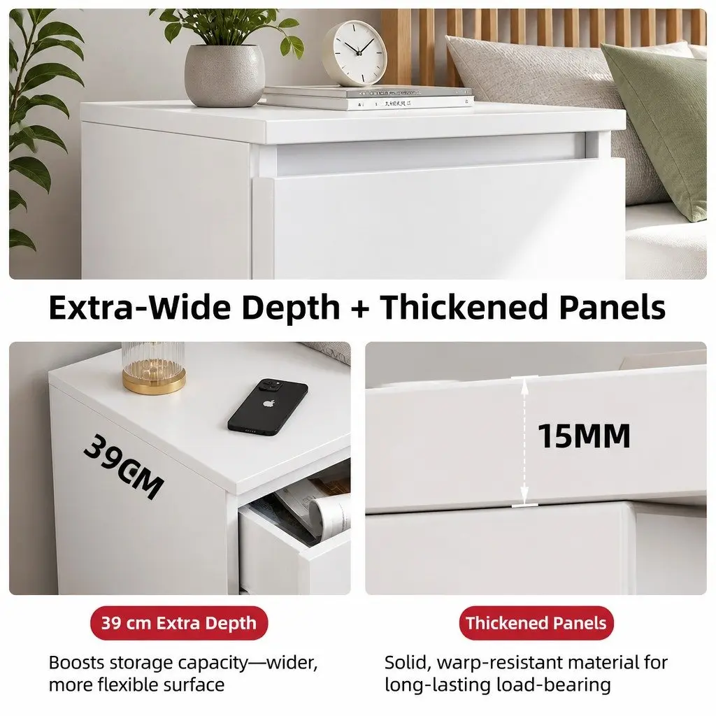 Warm White Double Drawer Bedside Table