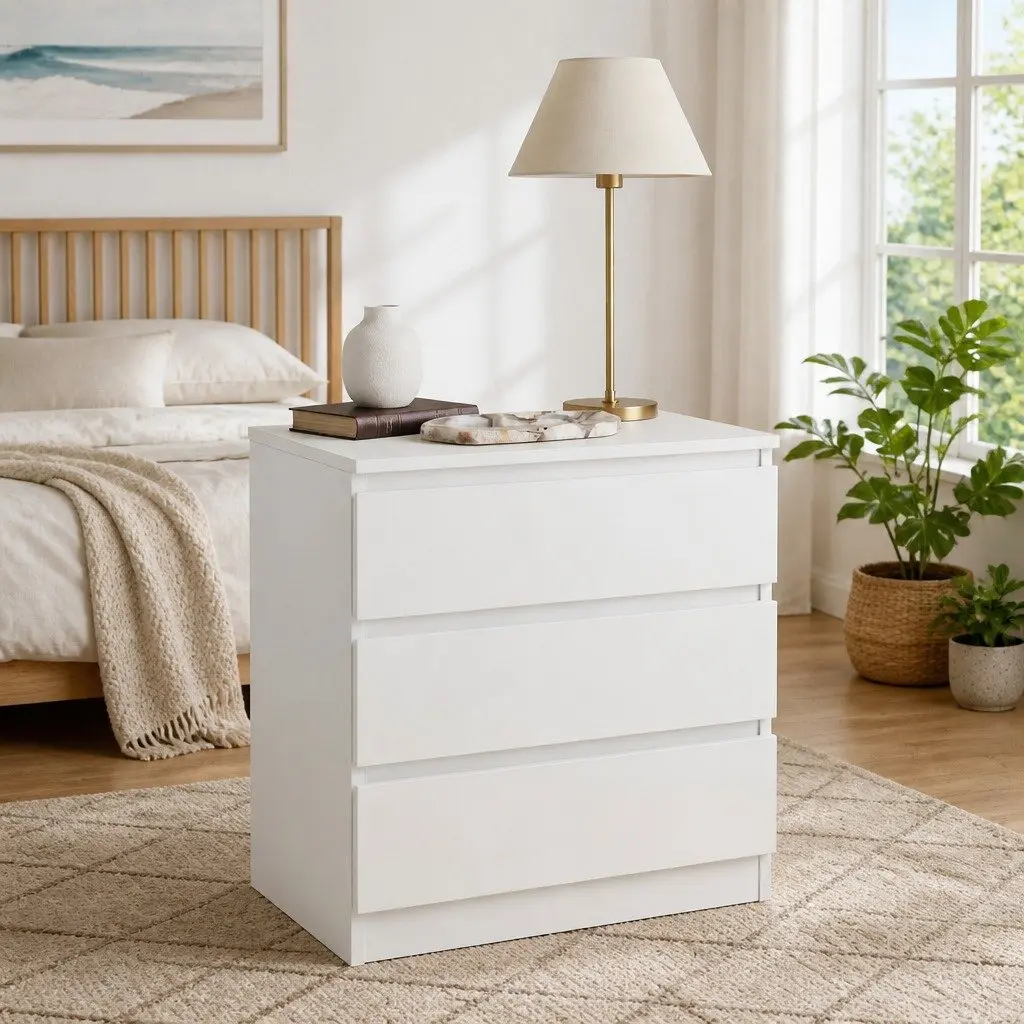Stylish Warm White Nightstand with 3 Functional Drawers and Sleek Design