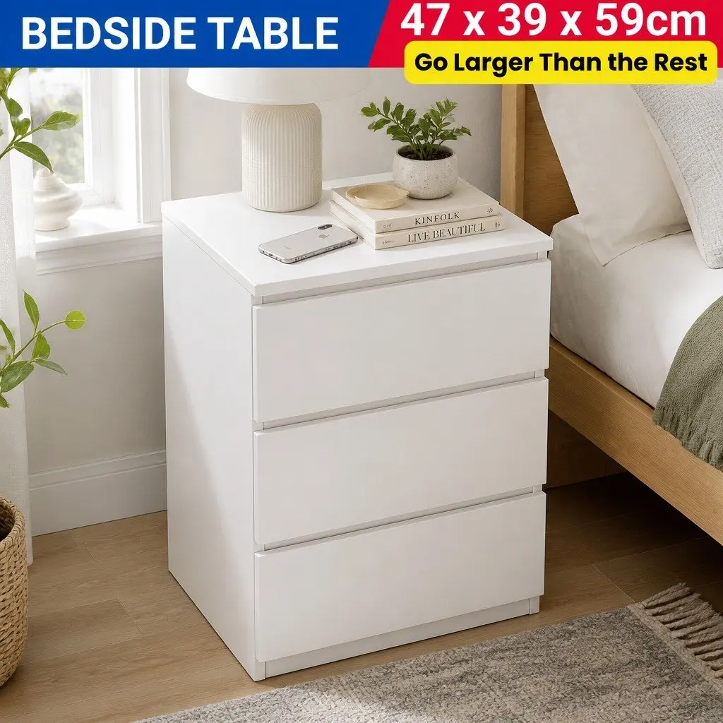 Stylish Warm White Nightstand with 3 Functional Drawers and Sleek Design