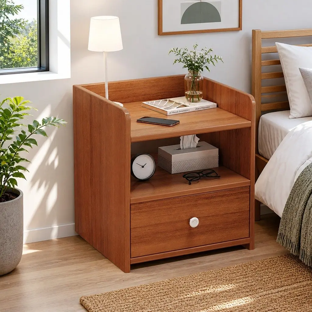 Vintage Walnut Bedside Table with Open Shelf