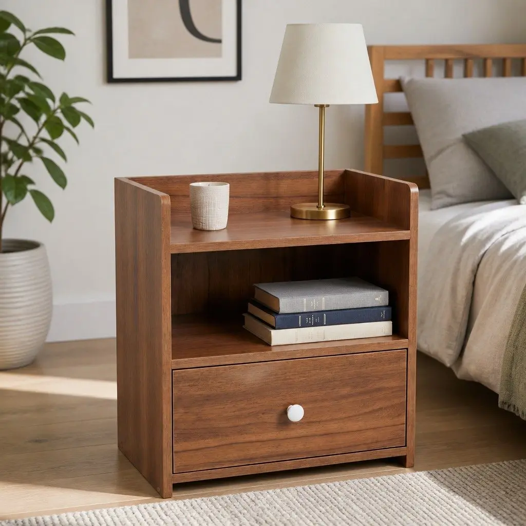 Vintage Walnut Bedside Table with Open Shelf