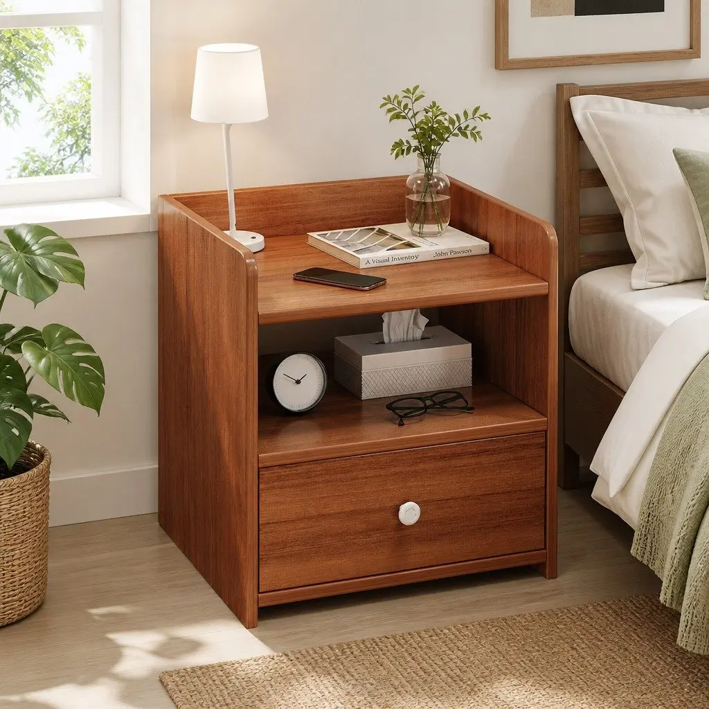 Vintage Walnut Bedside Table with Open Shelf