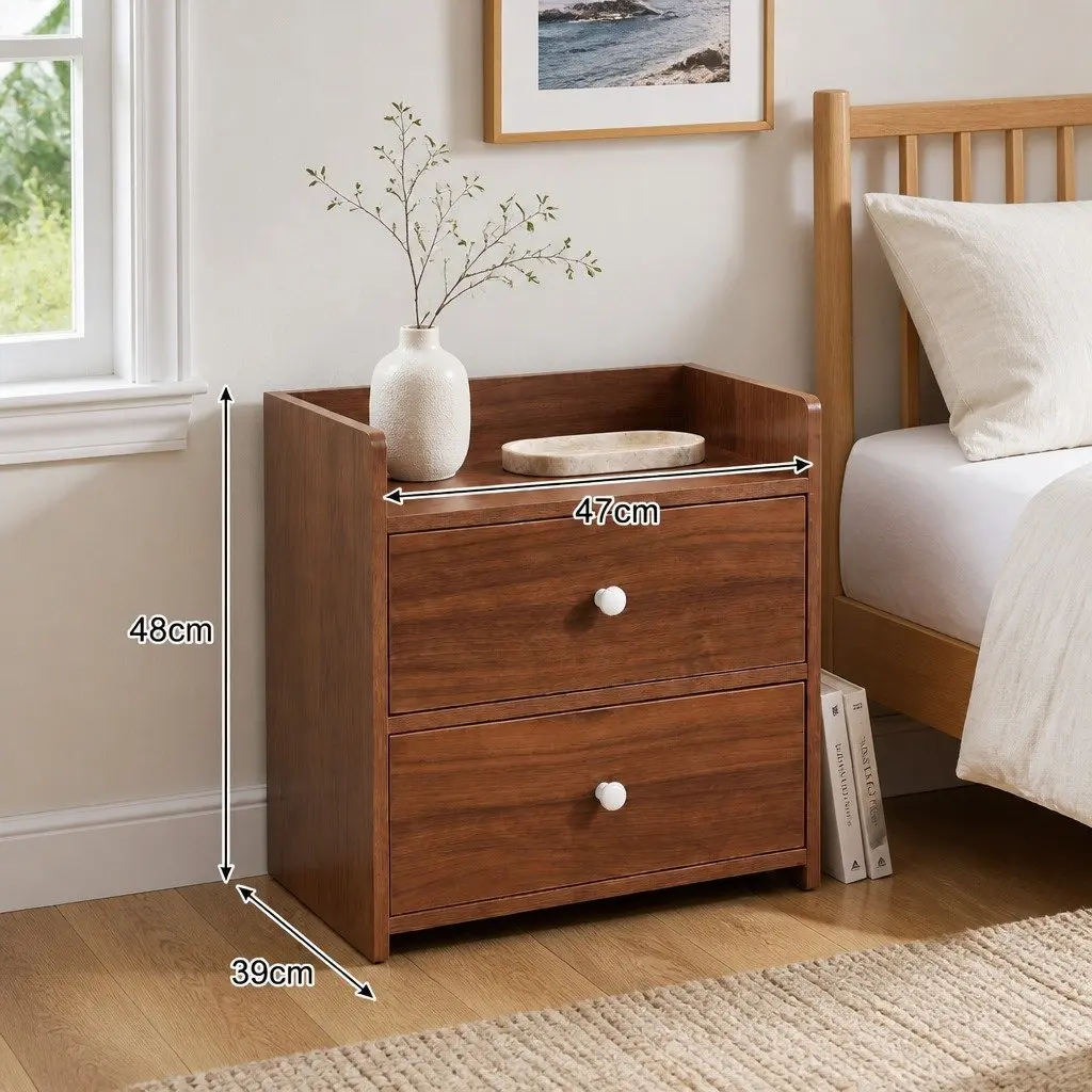 Walnut Wood Grain Bedside Table Nightstand with 2 Drawers and Tray Top