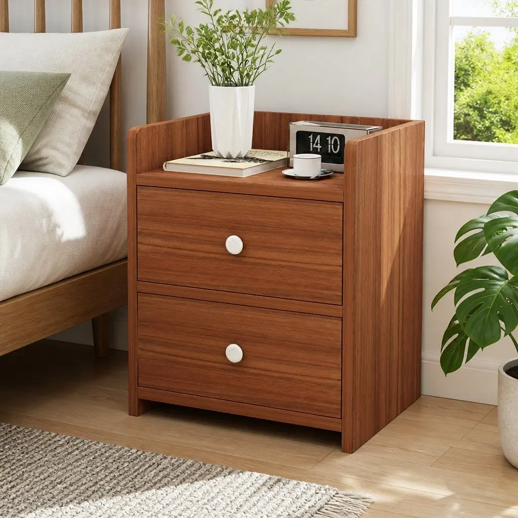 Walnut Wood Grain Bedside Table Nightstand with 2 Drawers and Tray Top