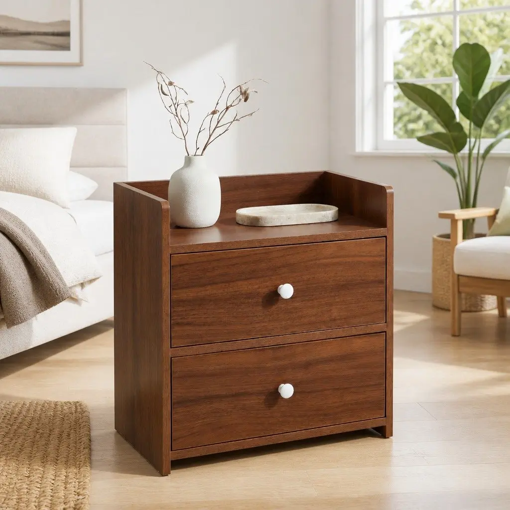 Walnut Wood Grain Bedside Table Nightstand with 2 Drawers and Tray Top