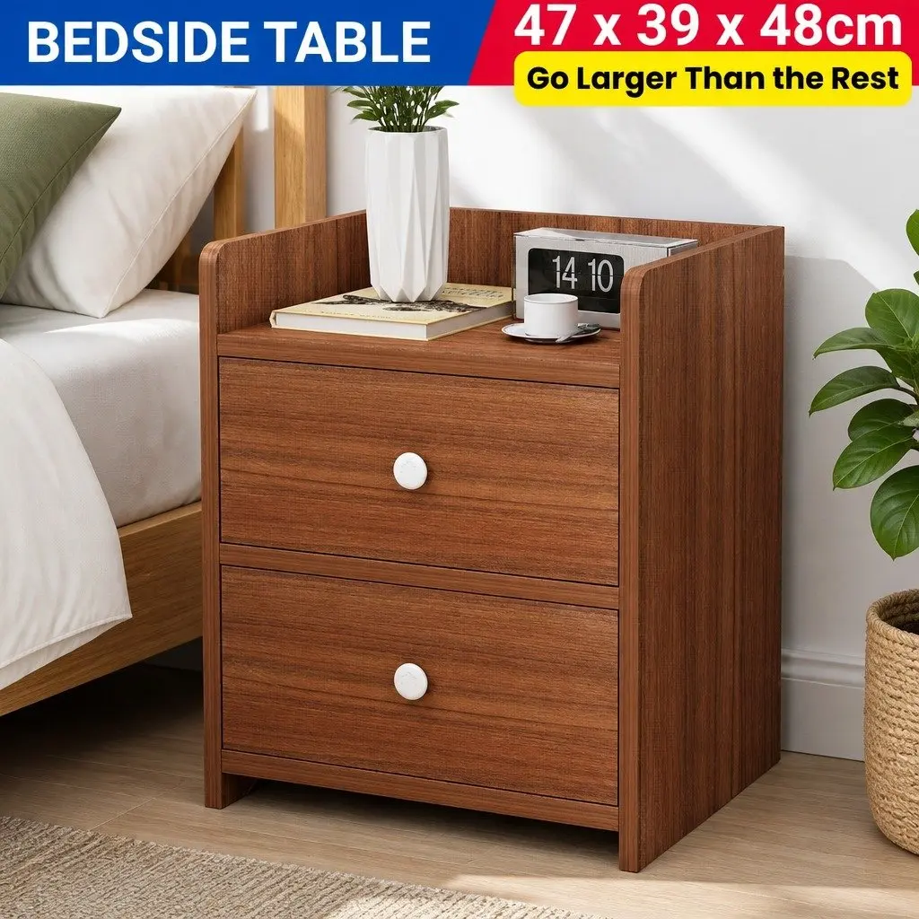 Walnut Wood Grain Bedside Table Nightstand with 2 Drawers and Tray Top
