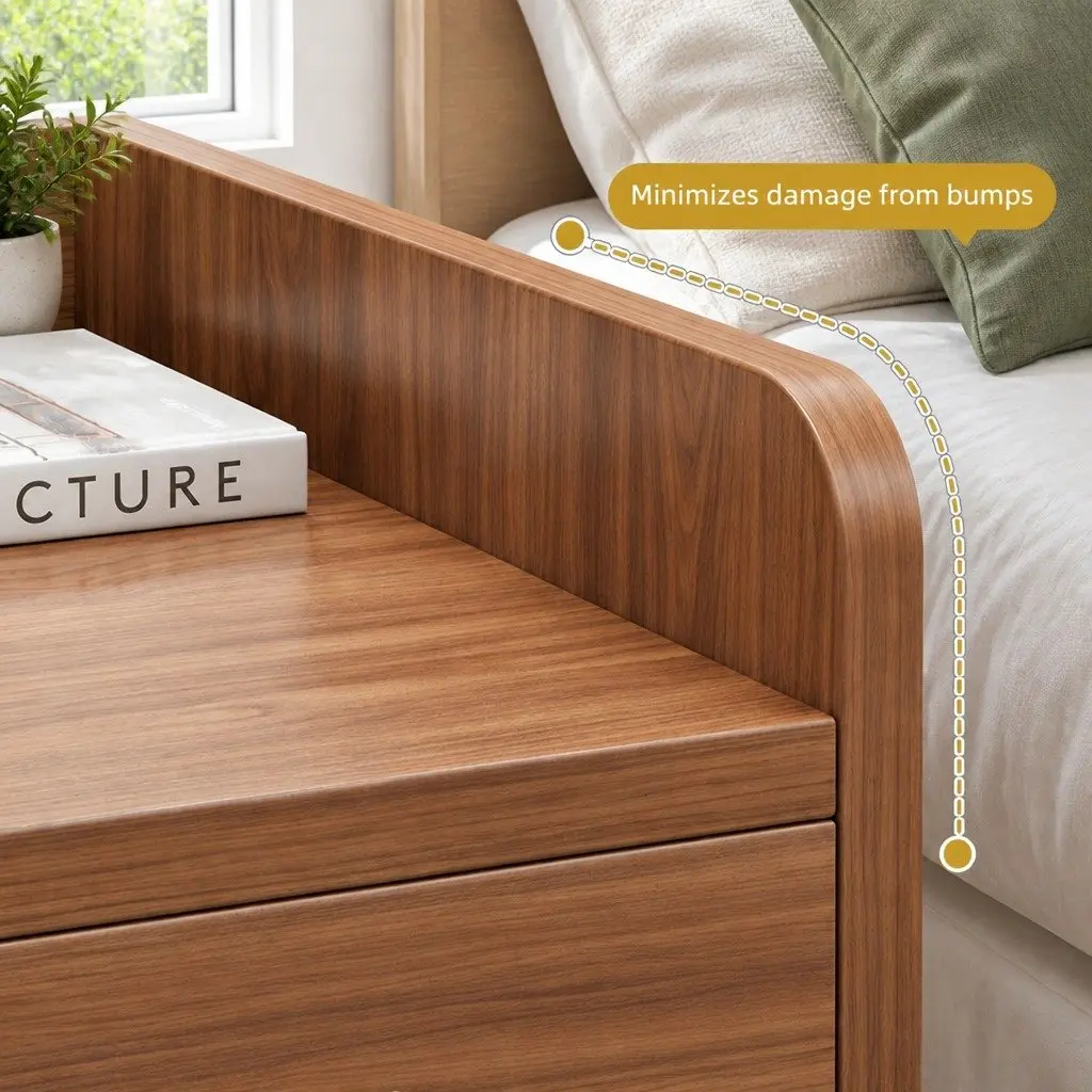 Walnut Wood Grain Bedside Table Nightstand with 2 Drawers and Tray Top