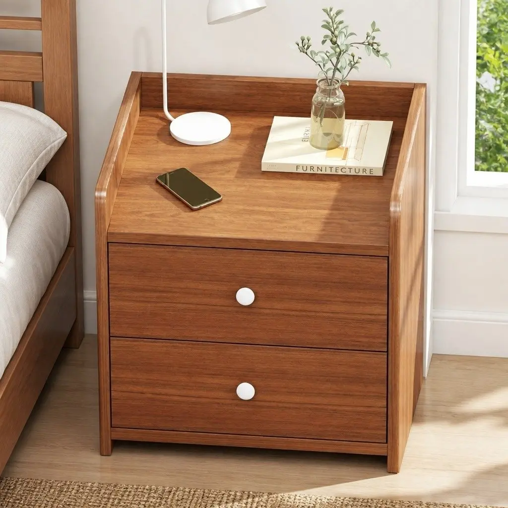 Walnut Wood Grain Bedside Table Nightstand with 2 Drawers and Tray Top