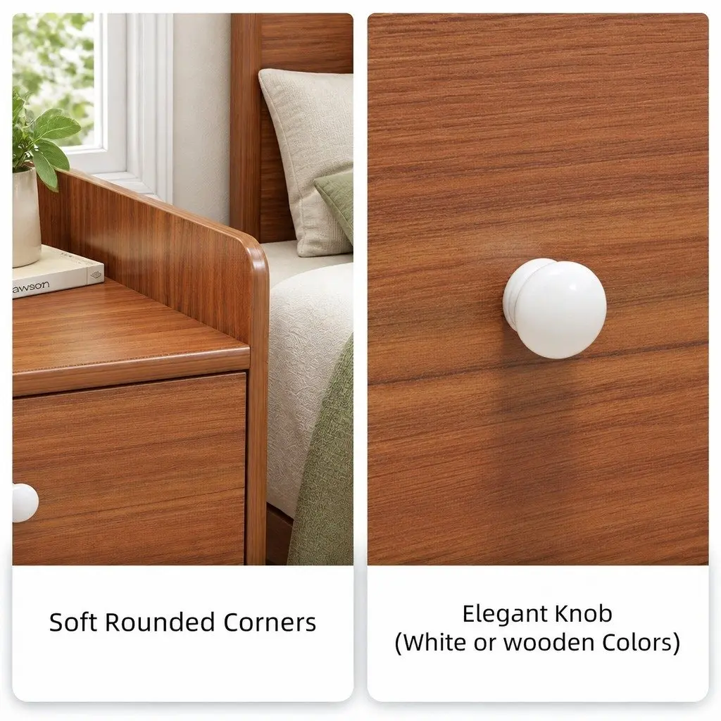 Walnut Wood Grain Bedside Table Nightstand with 2 Drawers and Tray Top