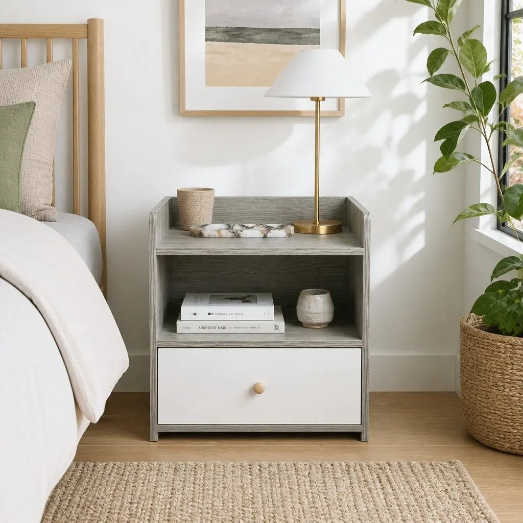 Light Gray Wood Grain Bedside Table with Tray