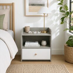 Light Gray Wood Grain Bedside Table with Tray
