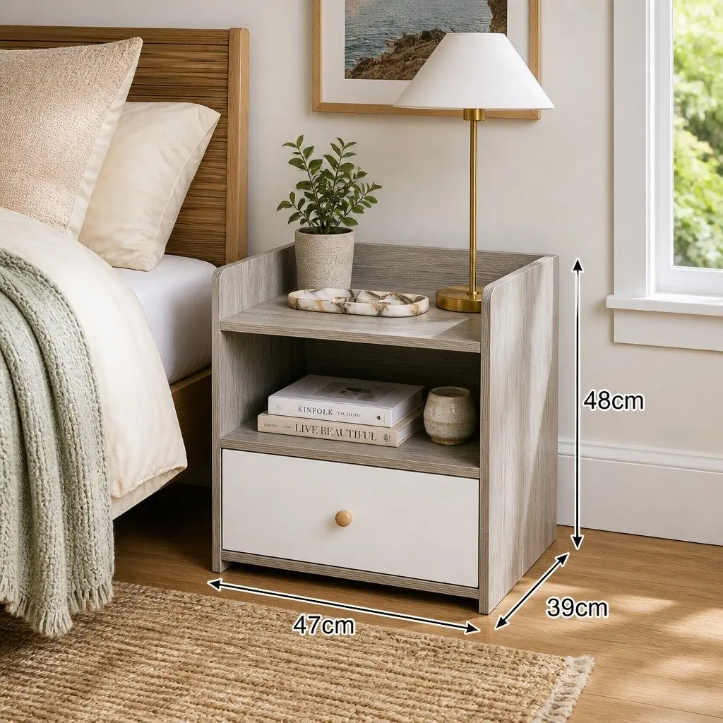Light Gray Wood Grain Bedside Table with Tray