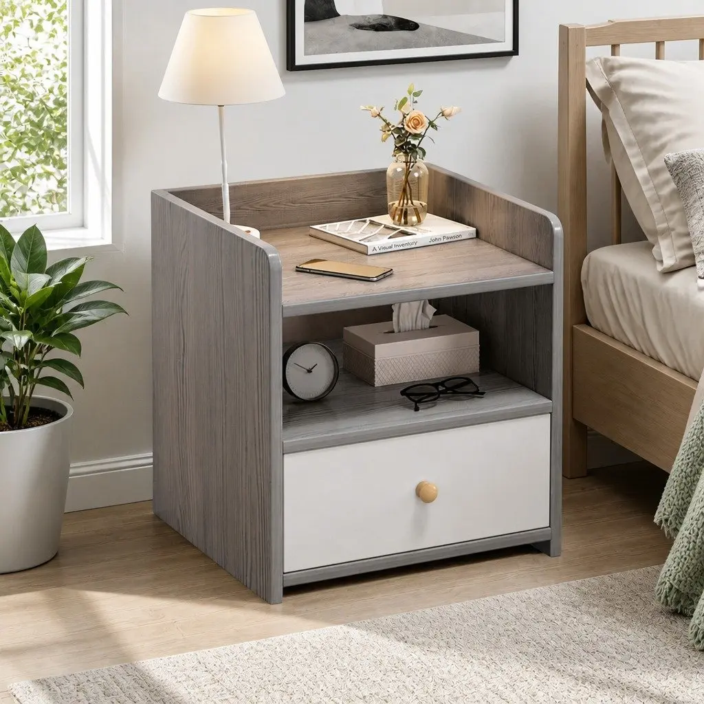 Light Gray Wood Grain Bedside Table with Tray