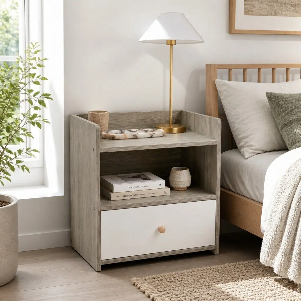 Light Gray Wood Grain Bedside Table with Tray