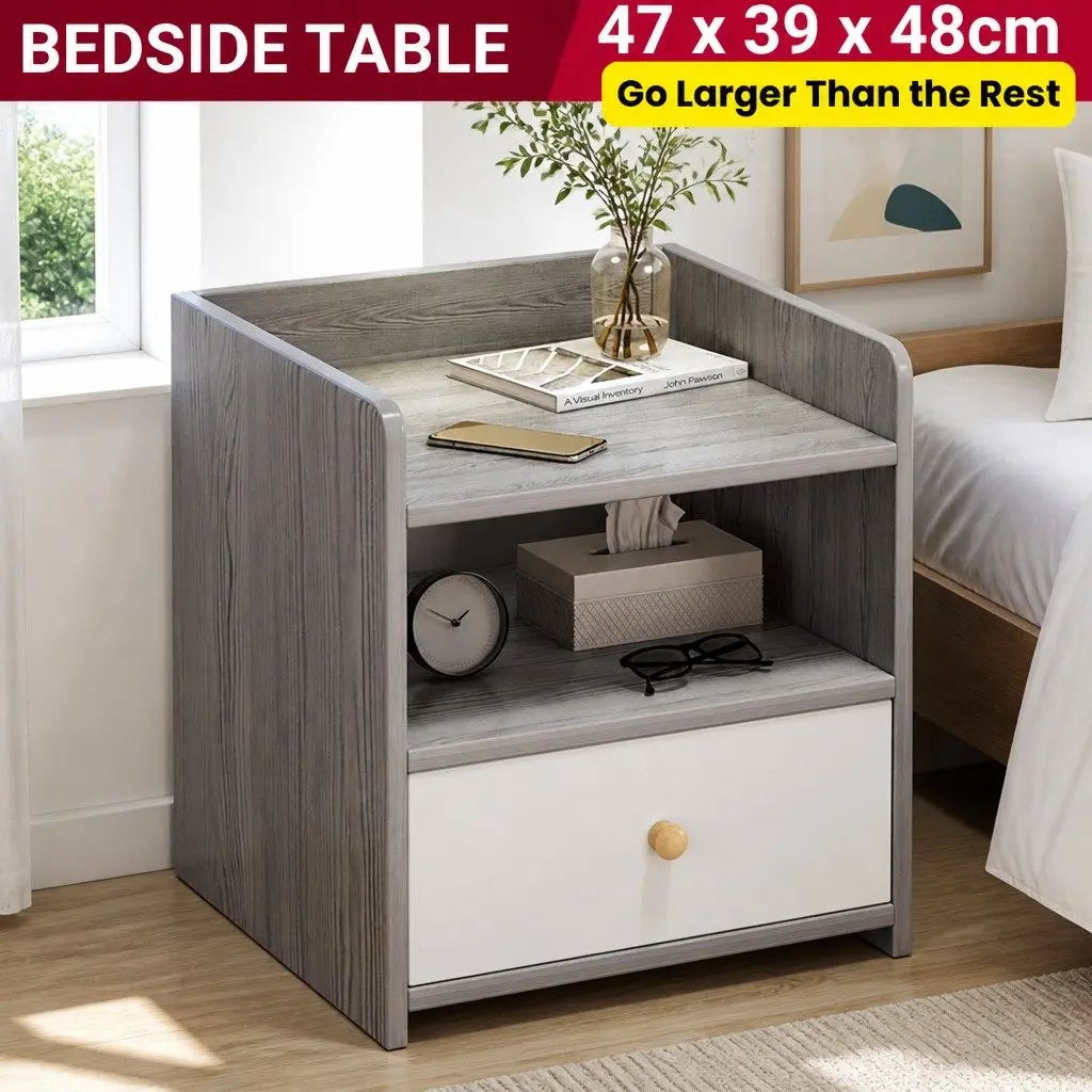 Light Gray Wood Grain Bedside Table with Tray
