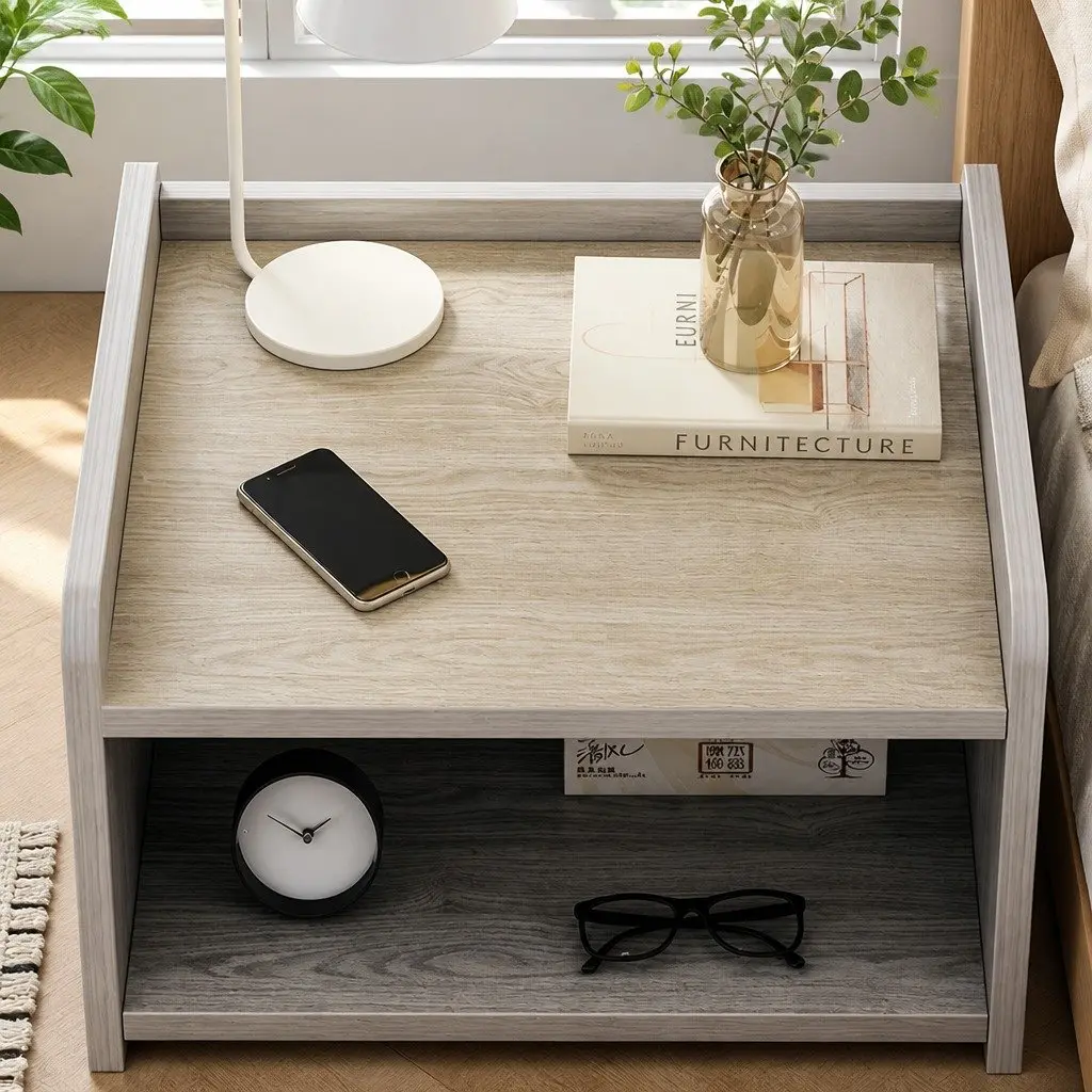 Light Gray Wood Grain Bedside Table with Tray