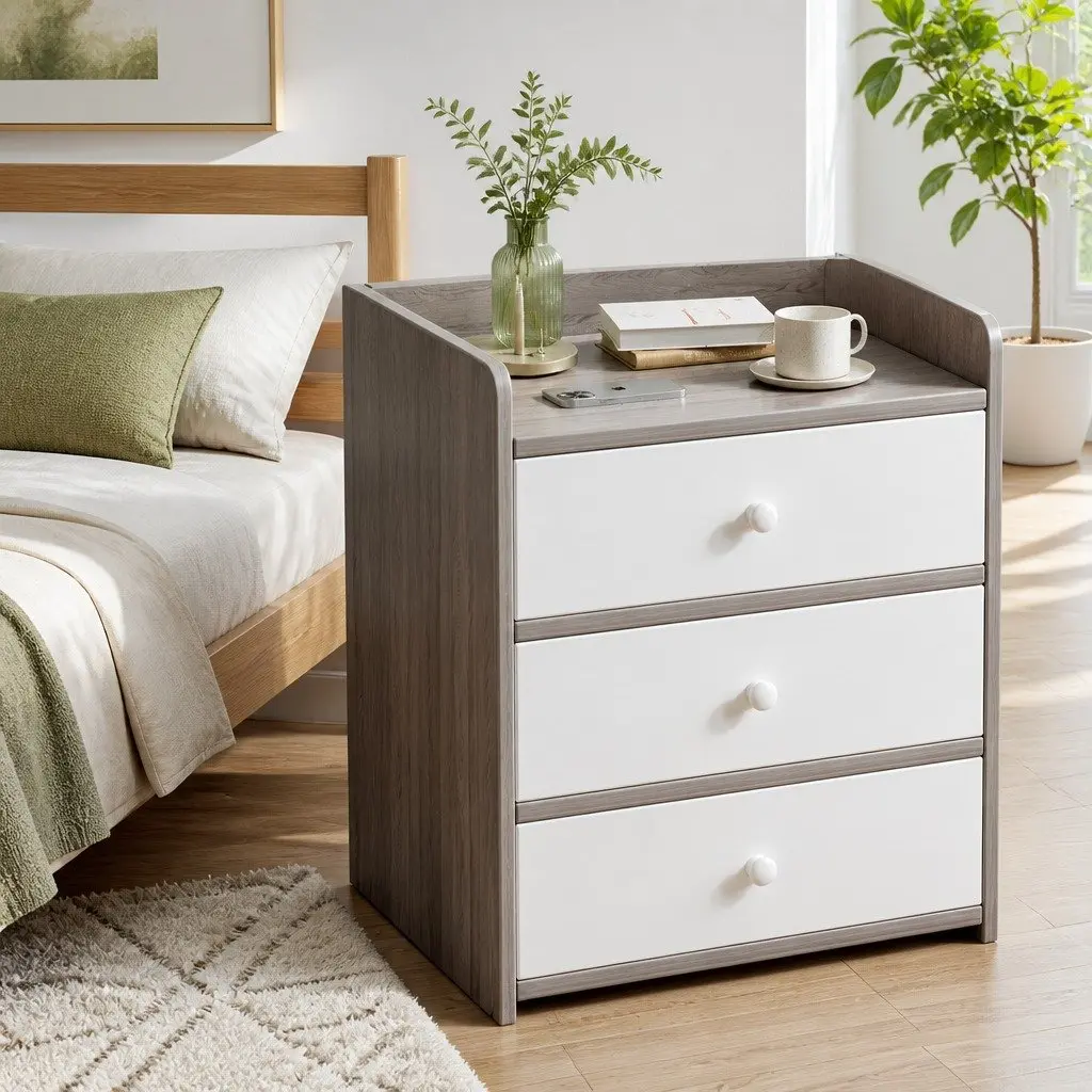 Light Gray Wood Grain Bedside Table with Tray