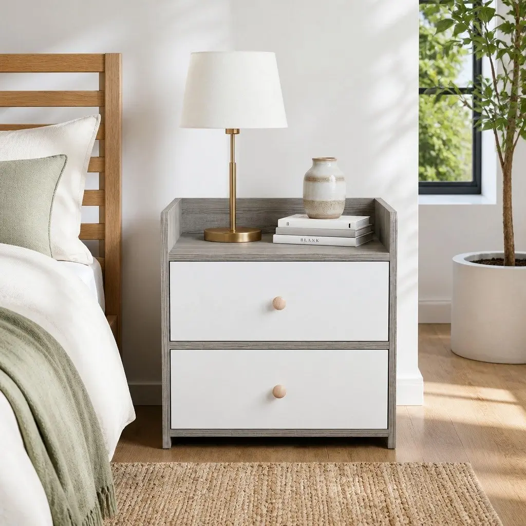 Two-Tone Light Gray White Bedside Table with Drawers