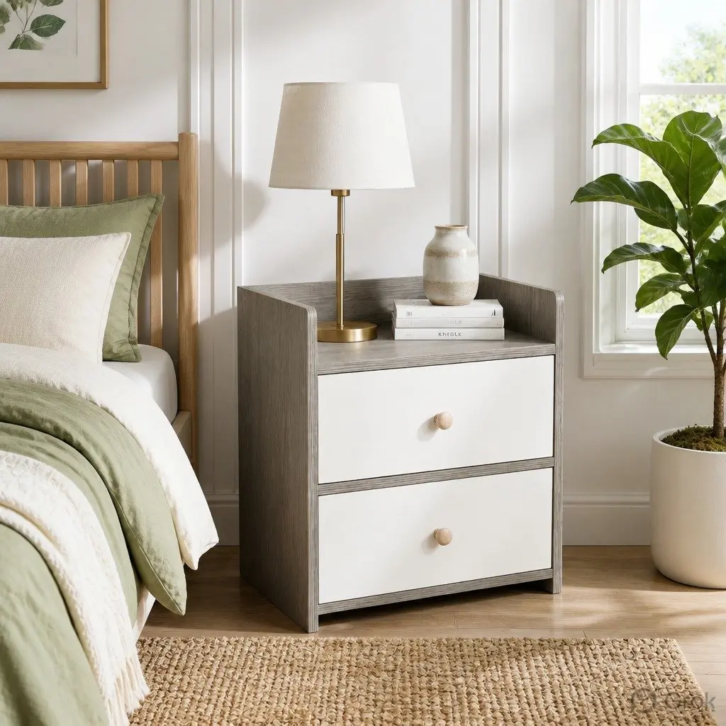 Two-Tone Light Gray White Bedside Table with Drawers