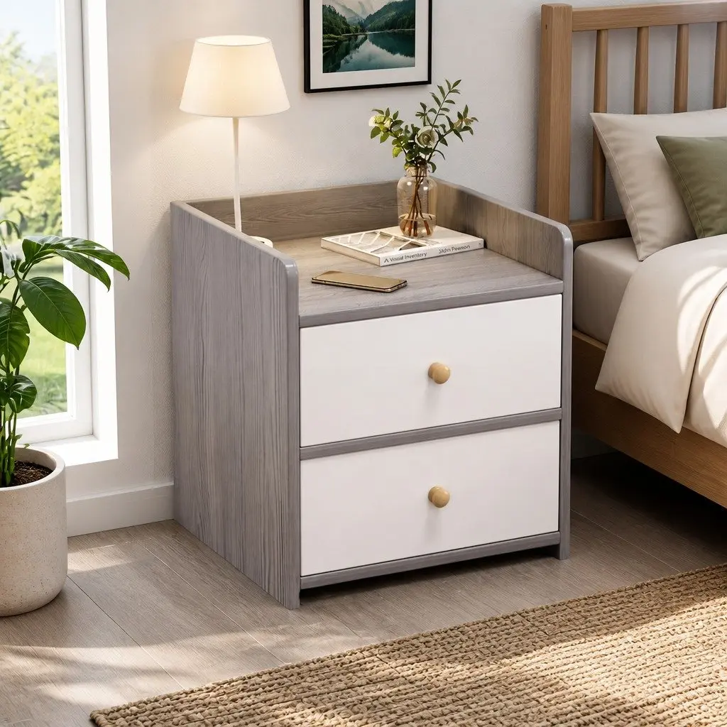 Two-Tone Light Gray White Bedside Table with Drawers