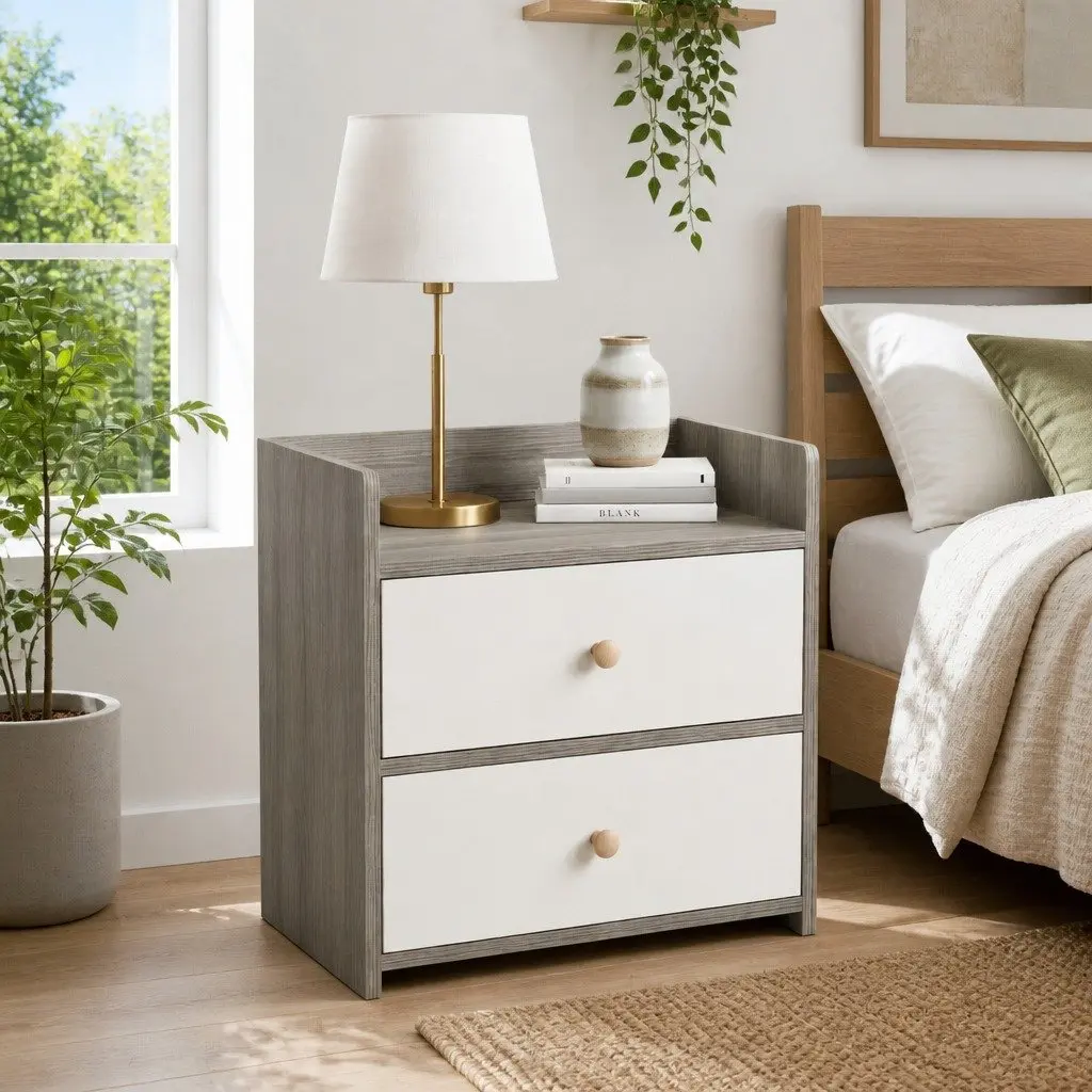 Two-Tone Light Gray White Bedside Table with Drawers