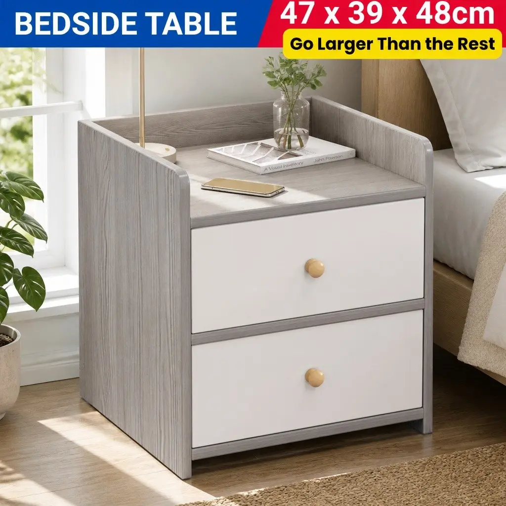 Two-Tone Light Gray White Bedside Table with Drawers
