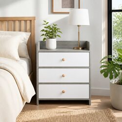 Elegant Three-Drawer Bedside Table in Light Gray