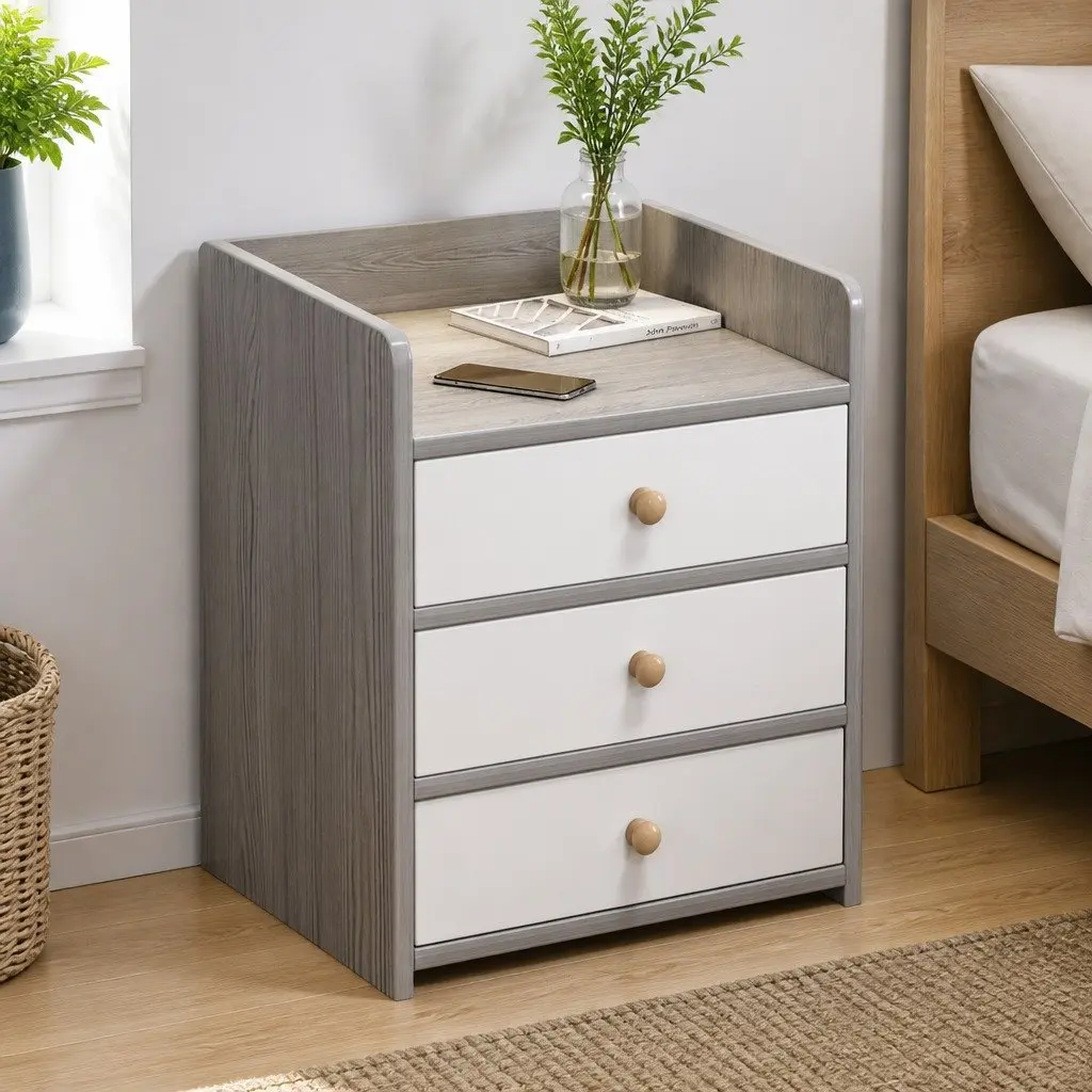 Bedside Table Nightstand 3 Drawer Storage Wood Grain Light Gray Bedroom