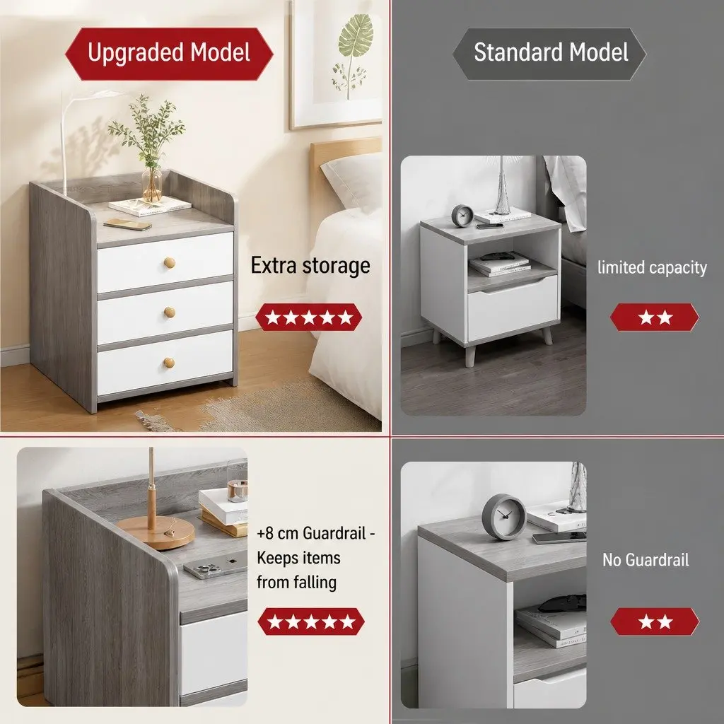 Bedside Table Nightstand 3 Drawer Storage Wood Grain Light Gray Bedroom