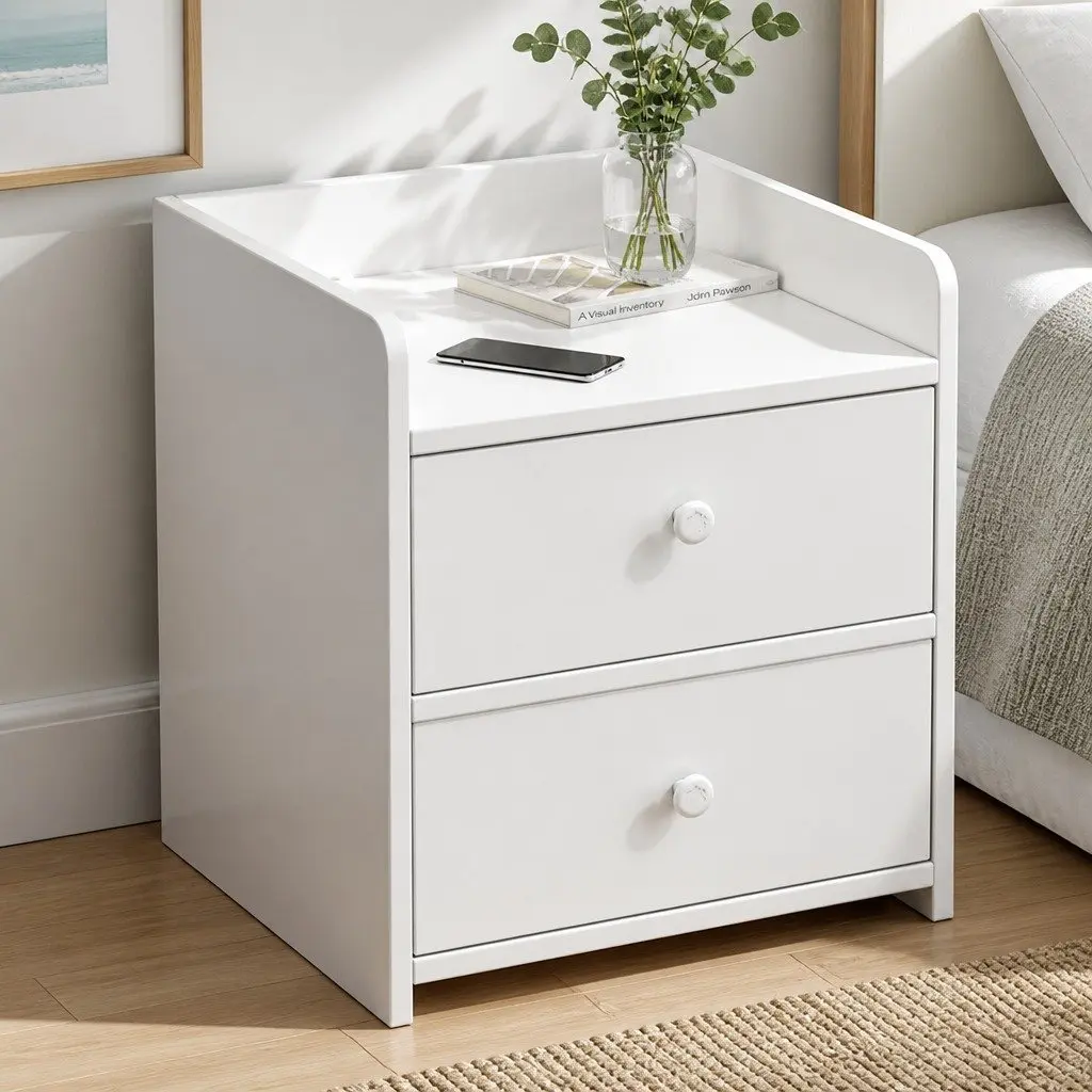 Warm White Minimalist Bedside Table with Drawers