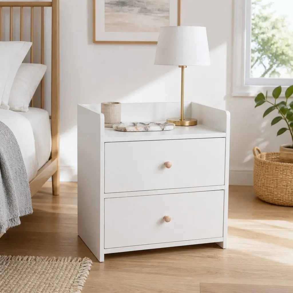 Warm White Minimalist Bedside Table with Drawers