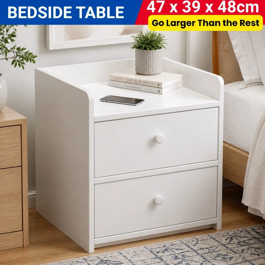 Warm White Minimalist Bedside Table with Drawers