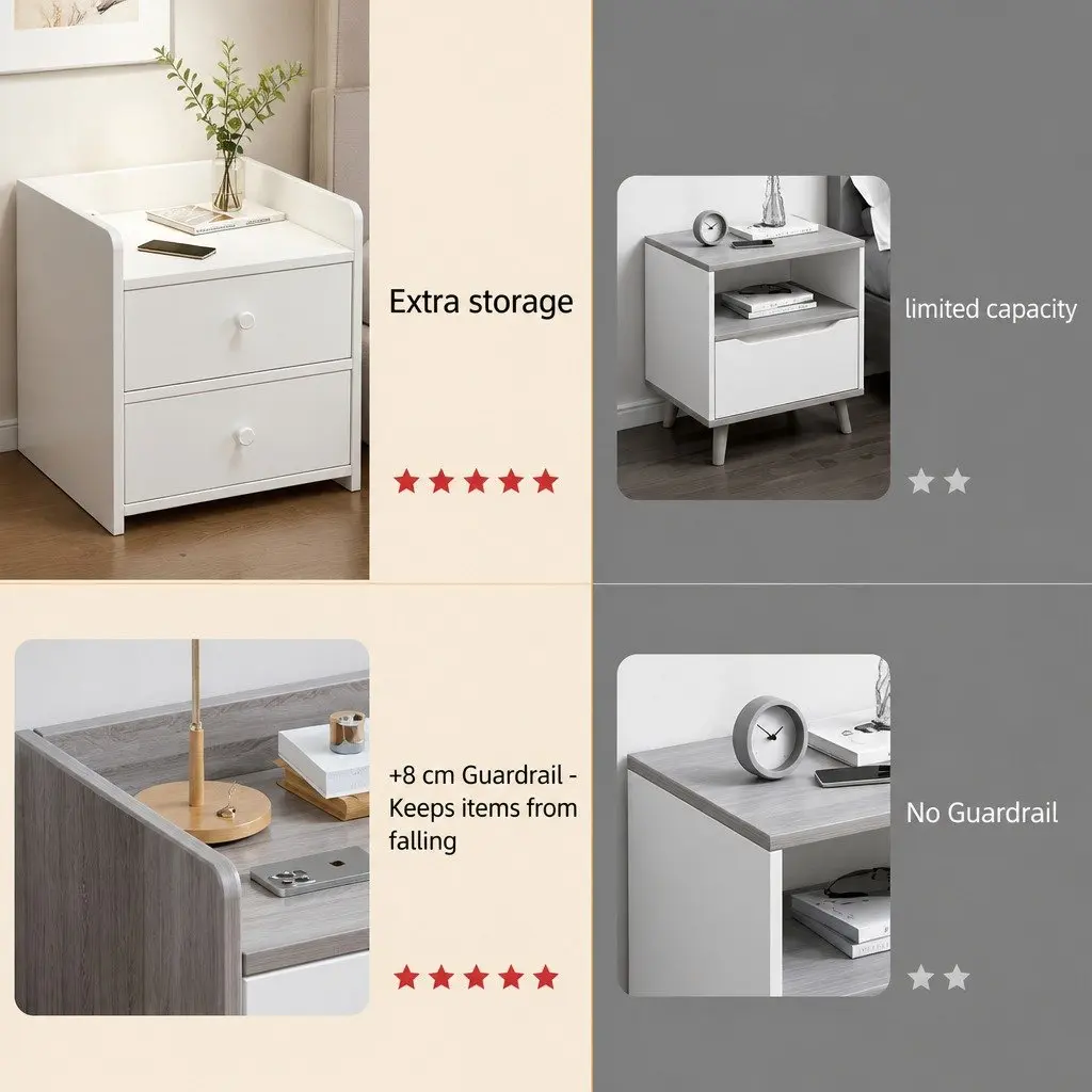 Warm White Minimalist Bedside Table with Drawers