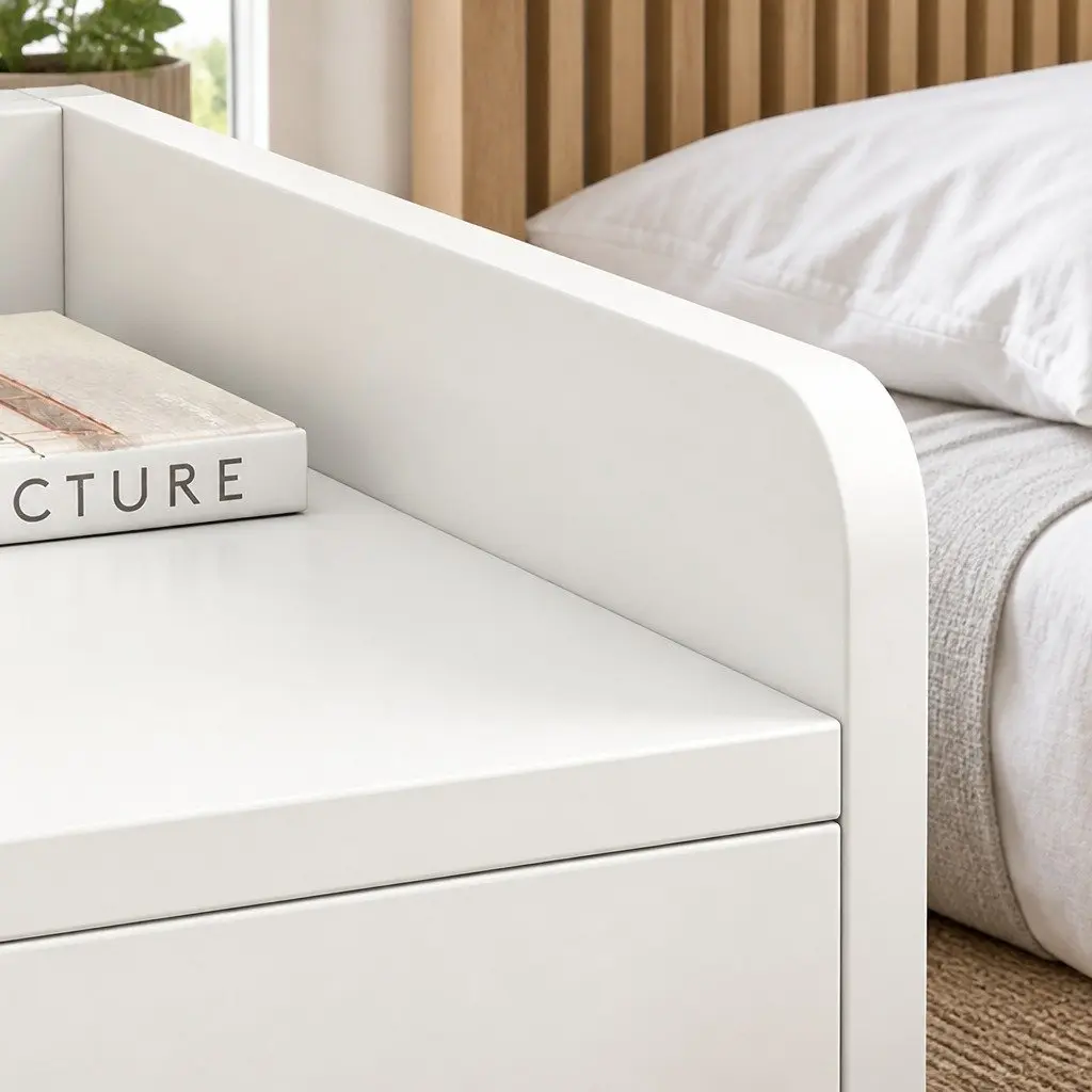 Warm White Minimalist Bedside Table with Drawers