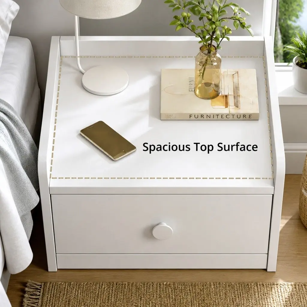 Warm White Minimalist Bedside Table with Drawers