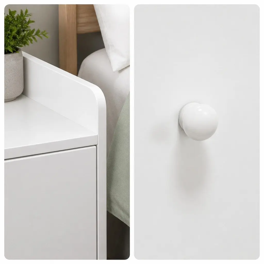 Warm White Minimalist Bedside Table with Drawers