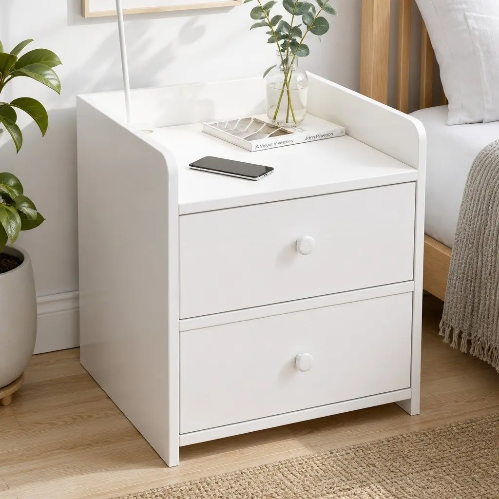 Warm White Minimalist Bedside Table with Drawers
