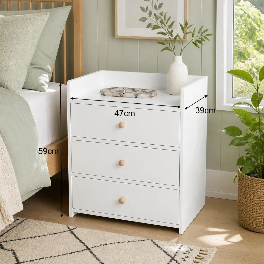 Warm White Nightstand with Triple Drawers