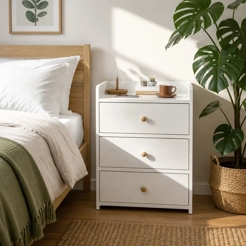 Warm White Nightstand with Triple Drawers